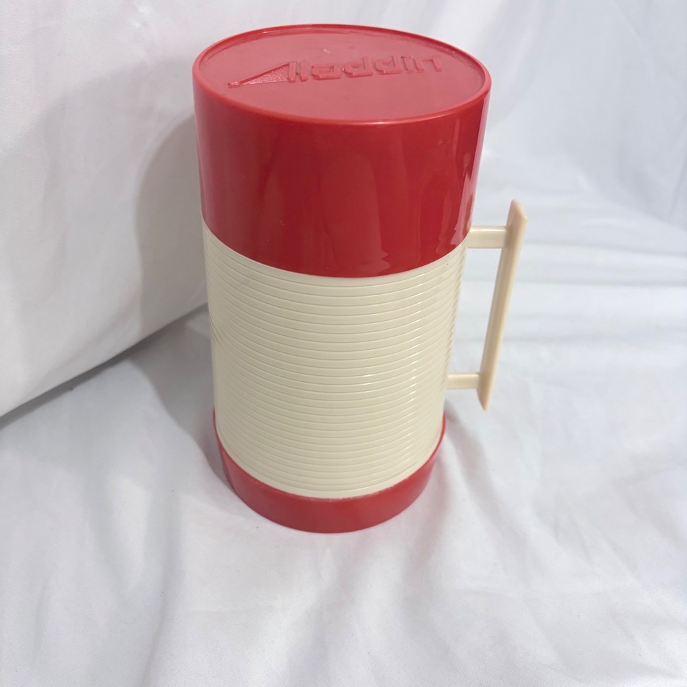 Vintage Aladdin Hy-Lo Thermos 1 Pint Red Cream Ribbed Handle No 44 Stopper